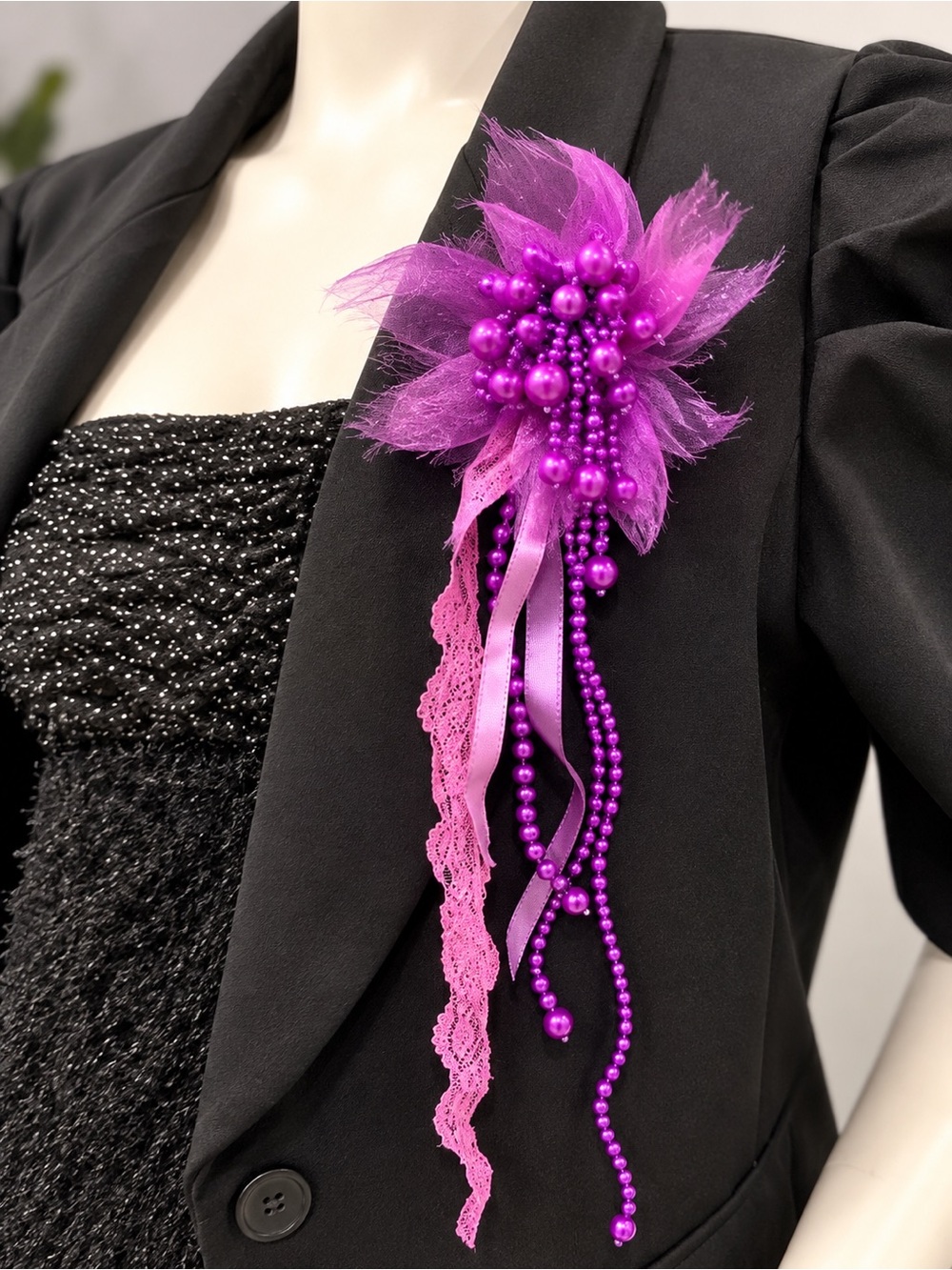 Purple Statement Flower Brooch Faux Pearl Beaded Ribbon Corsage Pin